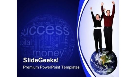 Business Couple On Top Globe PowerPoint Backgrounds And Templates 0111