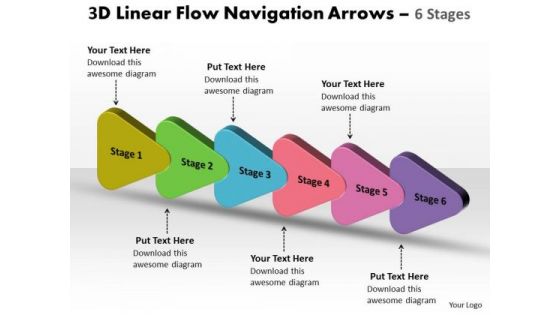 Business Cycle Diagram 3d Linear Flow Navigation Arrow 6 Stages Business Diagram