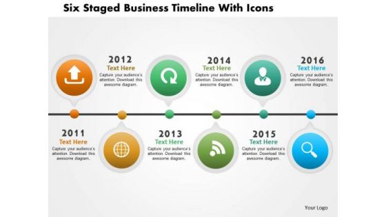 Business Daigram Six Staged Business Timeline With Icons Presentation Templets