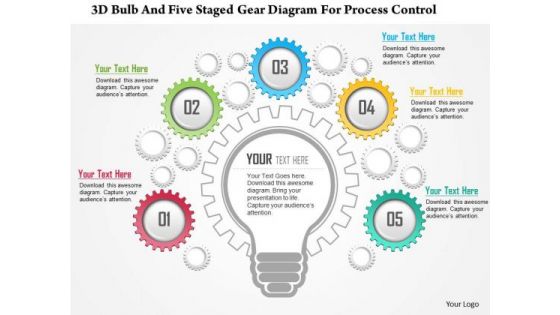 Business Diagram 3d Bulb And Five Staged Gear Diagram For Process Control Presentation Template