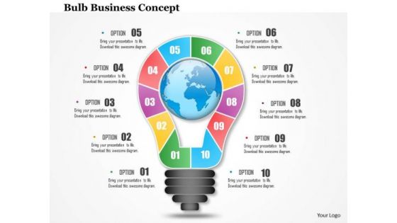 Business Diagram 3d Bulb With Ten Stages For Idea Generation Presentation Template