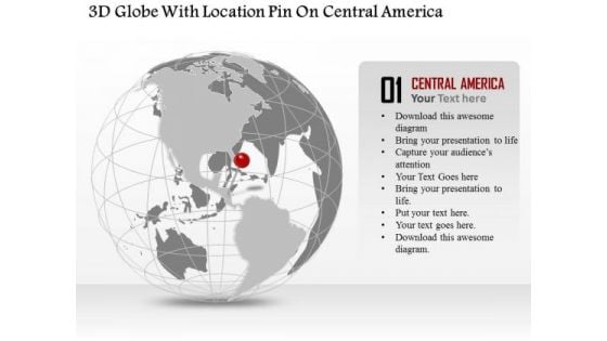 Business Diagram 3d Globe With Location Pin On Central America Presentation Template