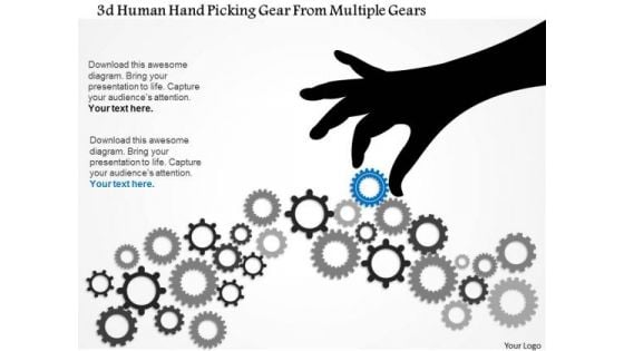 Business Diagram 3d Human Hand Picking Gear From Multiple Gears Presentation Template