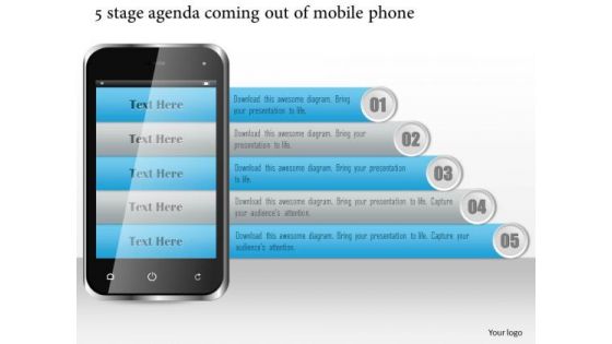 Business Diagram 5 Stage Agenda Coming Out Of Mobile Phone Presentation Template