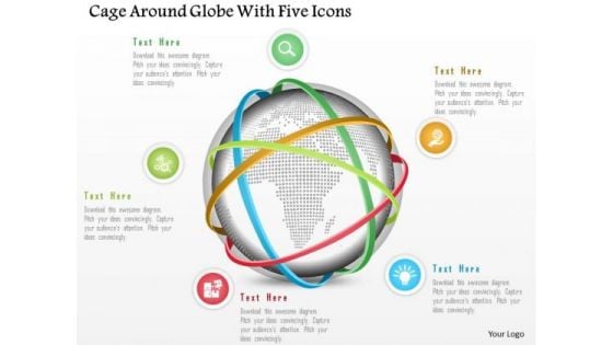 Business Diagram Cage Around Globe With Five Icons Presentation Template