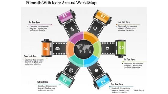 Business Diagram Filmrolls With Icons Around World Map Presentation Template