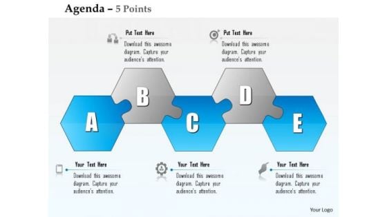 Business Diagram Five Alphabetic Hexagonal Shape Blocks Agenda Diagram Presentation Template