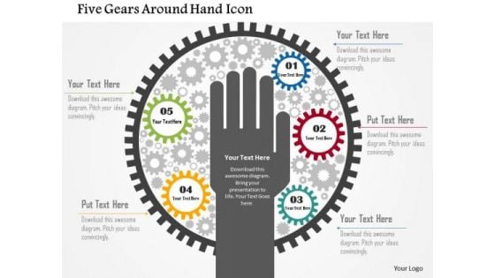 Business Diagram Five Gears Around Hand Icon Presentation Template