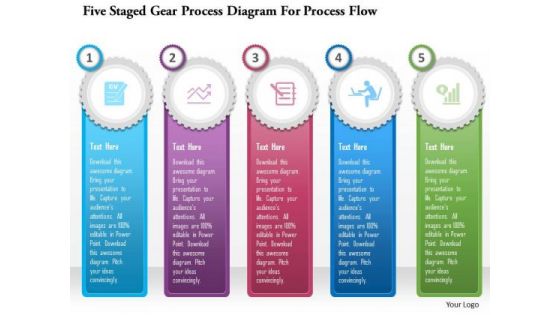 Business Diagram Five Staged Gear Process Diagram For Process Flow Presentation Template