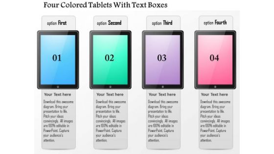 Business Diagram Four Colored Tablets With Text Boxes Presentation Template