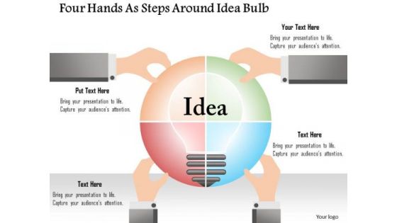 Business Diagram Four Hands As Steps Around Idea Bulb Presentation Template