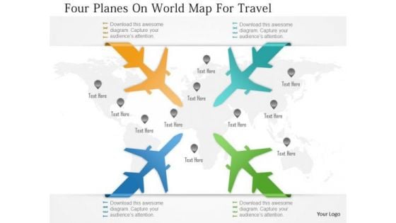 Business Diagram Four Planes On World Map For Travel Presentation Template