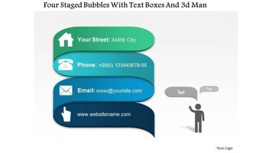 Business Diagram Four Staged Bubbles With Text Boxes And 3d Man Presentation Template