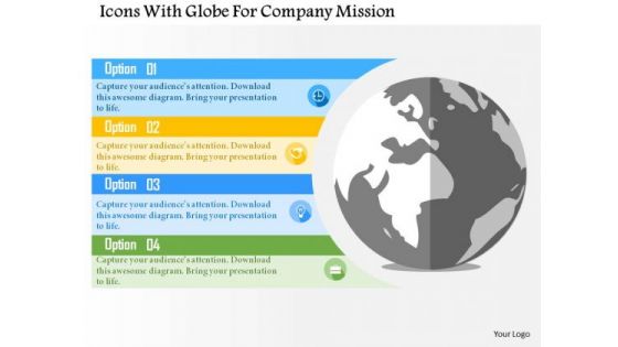 Business Diagram Icons With Globe For Company Mission Presentation Template