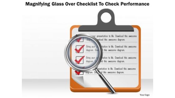 Business Diagram Magnifying Glass Over Checklist To Check Performance Presentation Template