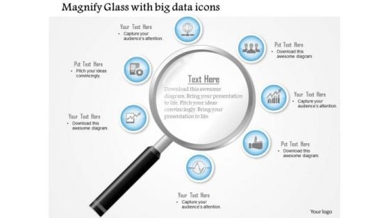 Business Diagram Magnifying Glass With Big Data Icons Surrounding The Lens Presentation Template