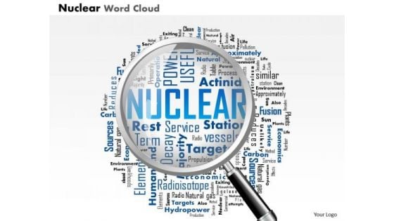 Business Diagram Nuclear Word Cloud With Magnifying Glass Highlighting Words Presentation Template