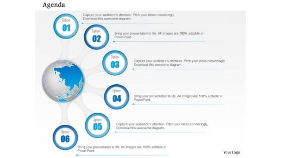 Business Diagram Six Points Options Agenda With Globe Diagram Presentation Template