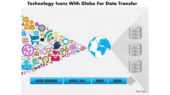 Business Diagram Technology Icons With Globe For Data Transfer Presentation Template