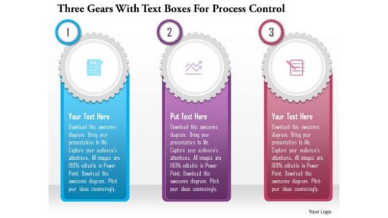 Business Diagram Three Gears With Text Boxes For Process Control Presentation Template