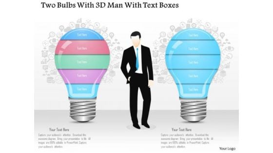 Business Diagram Two Bulbs With 3d Man And Text Boxes Presentation Template