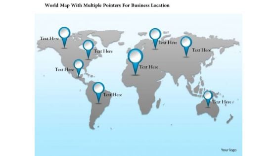 Business Diagram World Map With Multiple Pointers For Business Location Presentation Template