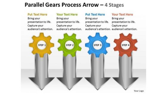 Business Finance Strategy Development Parallel Gears Process Arrow 4 Stages Sales Diagram