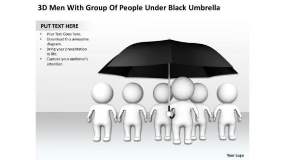 Business Flow Diagram Example 3d Men With Group Of People Under Black Umbrella PowerPoint Slides