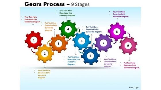 Business Framework Model Gears Process 9 Stages Business Cycle Diagram