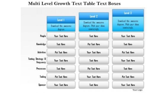 Business Framework Multi Level Growth Text Table Text Boxes PowerPoint Presentation