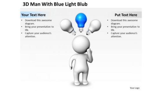 Business Intelligence Architecture Diagram 3d Man With Blue Light Blub PowerPoint Slides