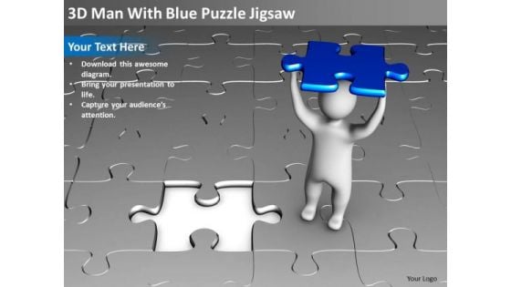 Business Intelligence Architecture Diagram 3d Man With Blue Puzzle Jigsaw PowerPoint Slides