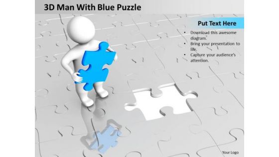 Business Intelligence Architecture Diagram 3d Man With Blue Puzzle PowerPoint Slides