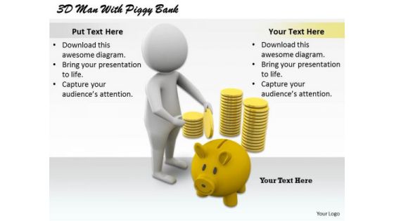 Business Intelligence Strategy 3d Man With Piggy Bank Character Modeling