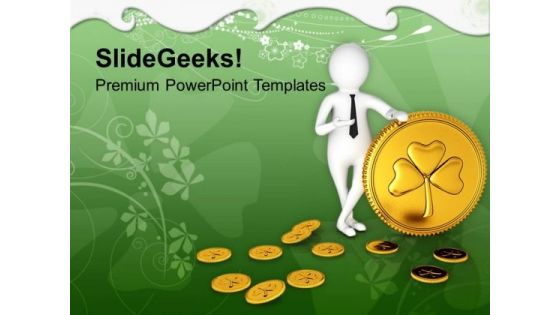 Business Man Presenting Golden Shamrock Coin PowerPoint Templates Ppt Backgrounds For Slides 0313