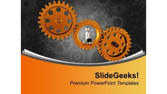 Business Man Running On Gears PowerPoint Templates Ppt Backgrounds For Slides 0713