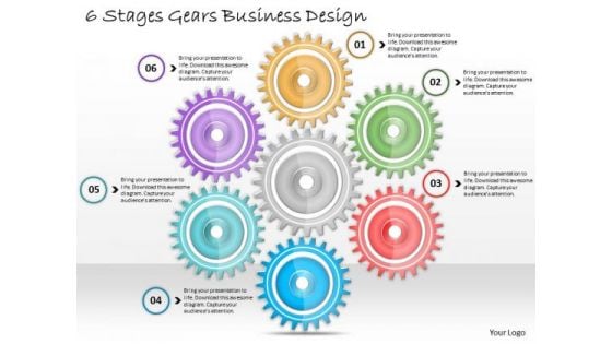 Business Marketing Strategy 6 Stages Gears Design Strategic Planning Ppt Slide