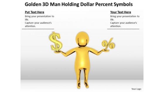 Business Men Golden 3d Man Holding Dollar Percent Symbols PowerPoint Templates