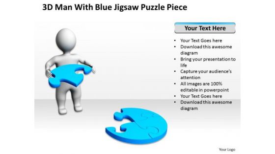 Business Model Diagram 3d Man With Blue Jigsaw Puzzle Piece PowerPoint Slides