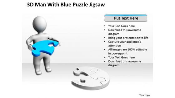 Business Model Diagram 3d Man With Blue Puzzle Jigsaw PowerPoint Slides