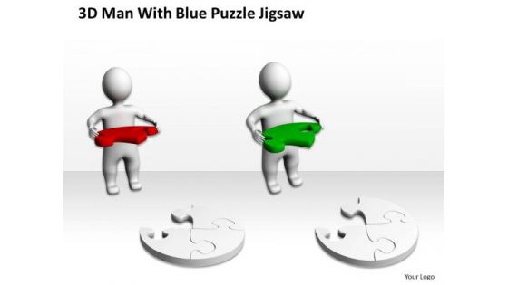 Business Model Diagram 3d Man With Blue Puzzle Jigsaw PowerPoint Slides