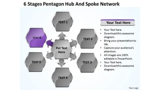 Business Network Diagram 6 Stages Pentagon Hub And Spoke Ppt PowerPoint Slides