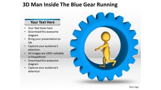 Business People 3d Man Inside The Blue Gear Running PowerPoint Templates