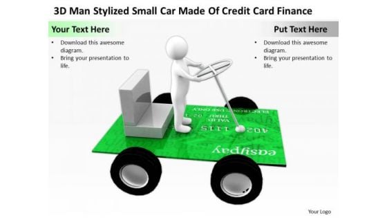 Business People 3d Man Stylized Small Car Made Of Credit Card Finance PowerPoint Templates