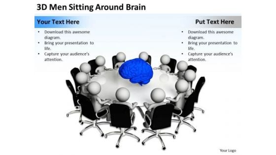 Business People 3d Men Sitting Around Brain PowerPoint Slides