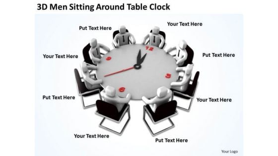 Business People 3d Men Sitting Around Table Clock PowerPoint Slides