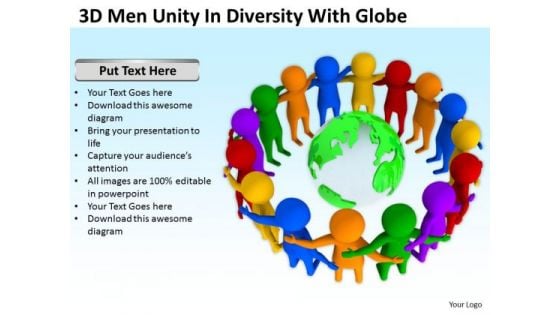 Business People 3d Men Unity Diversity With Globe PowerPoint Templates