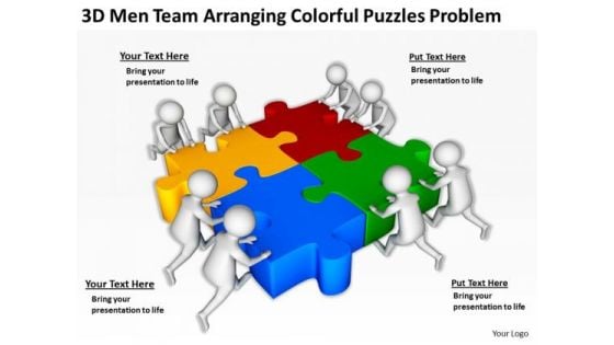 Business People Clip Art 3d Men Team Arranging Colorful Puzzles Problem PowerPoint Slides