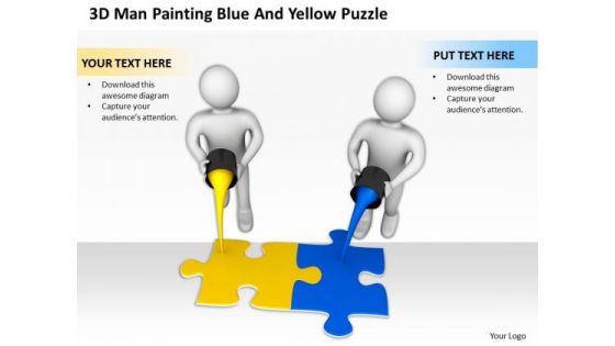 Business People Vector 3d Man Painting Blue And Yellow Puzzle PowerPoint Templates