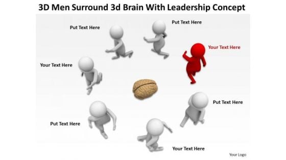 Business People Vector 3d Men Surround Brain With Leadership Concept PowerPoint Slides